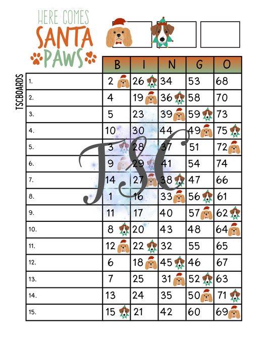 Here Comes Santa Paws Bingo Board 1-75 Ball