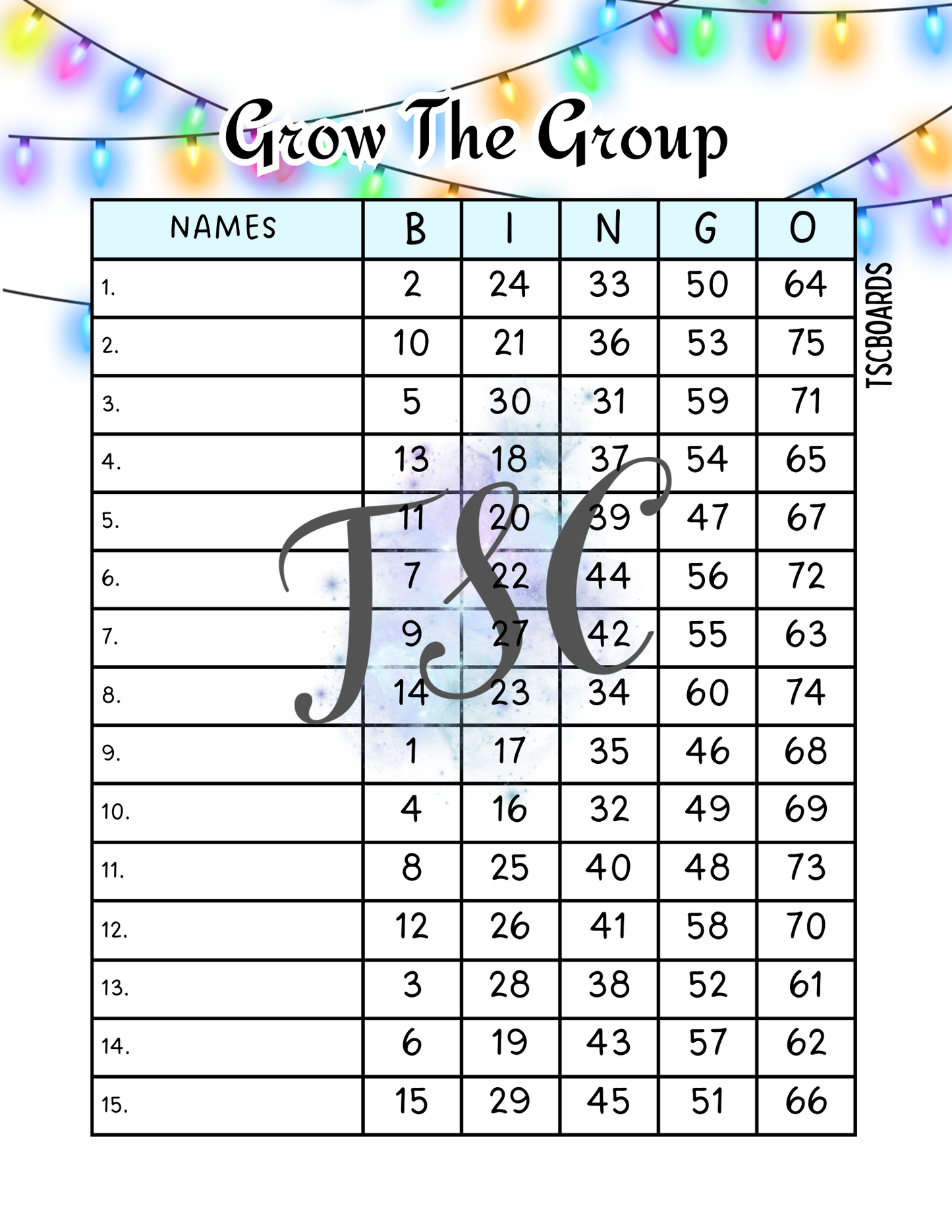 Grow The Group Bingo Board 1-75 Ball