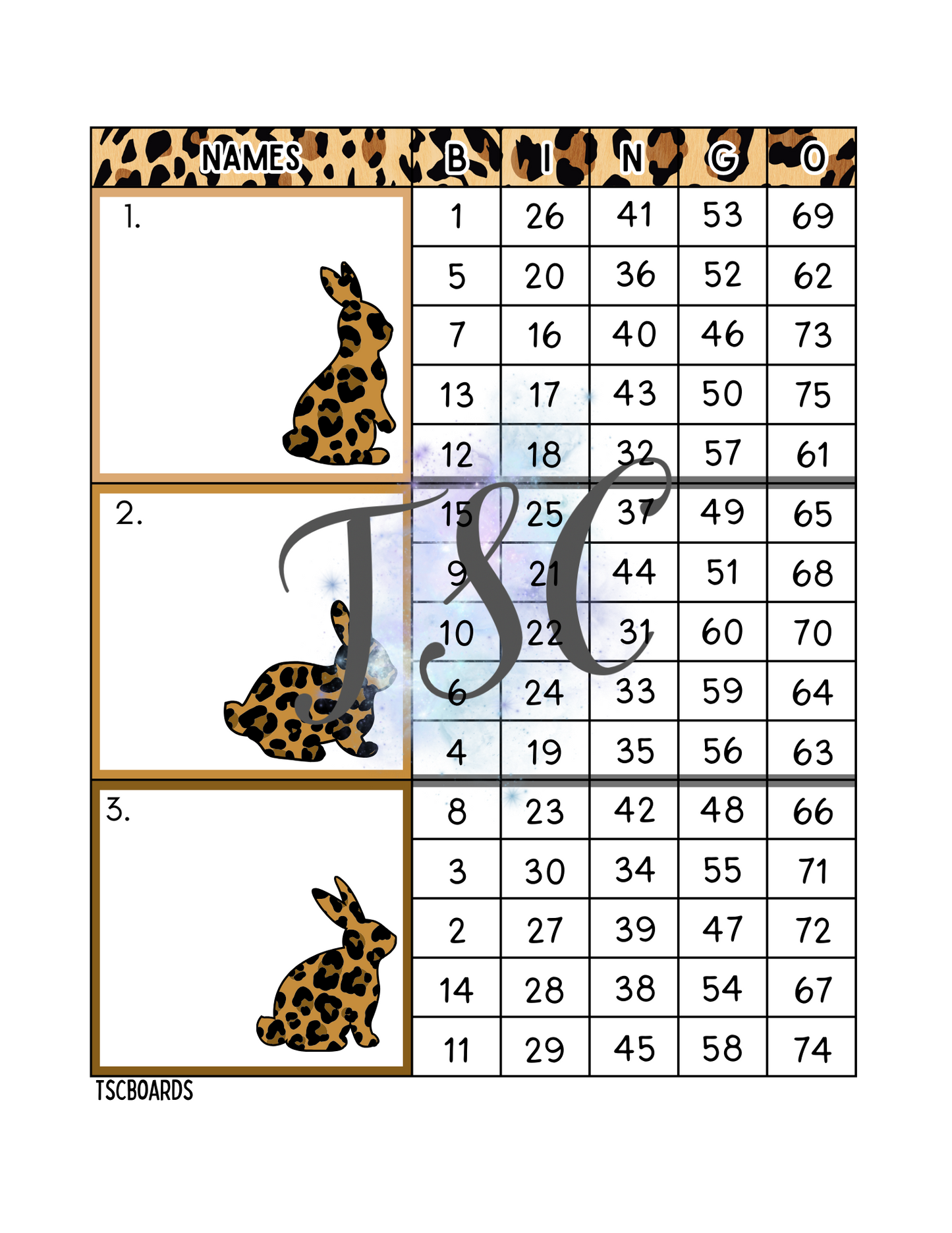 Leopard Print Bunny Mega Block Bingo Board 1-75 Ball