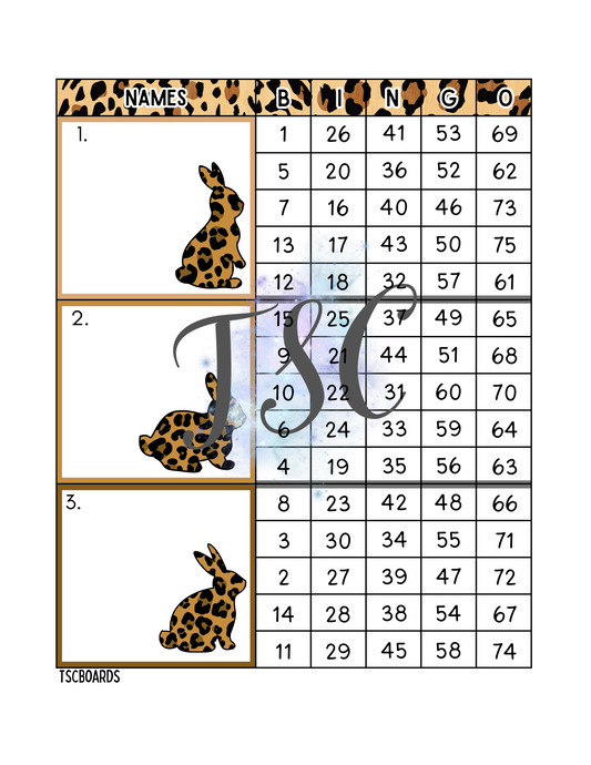 Leopard Print Bunny Mega Block Bingo Board 1-75 Ball