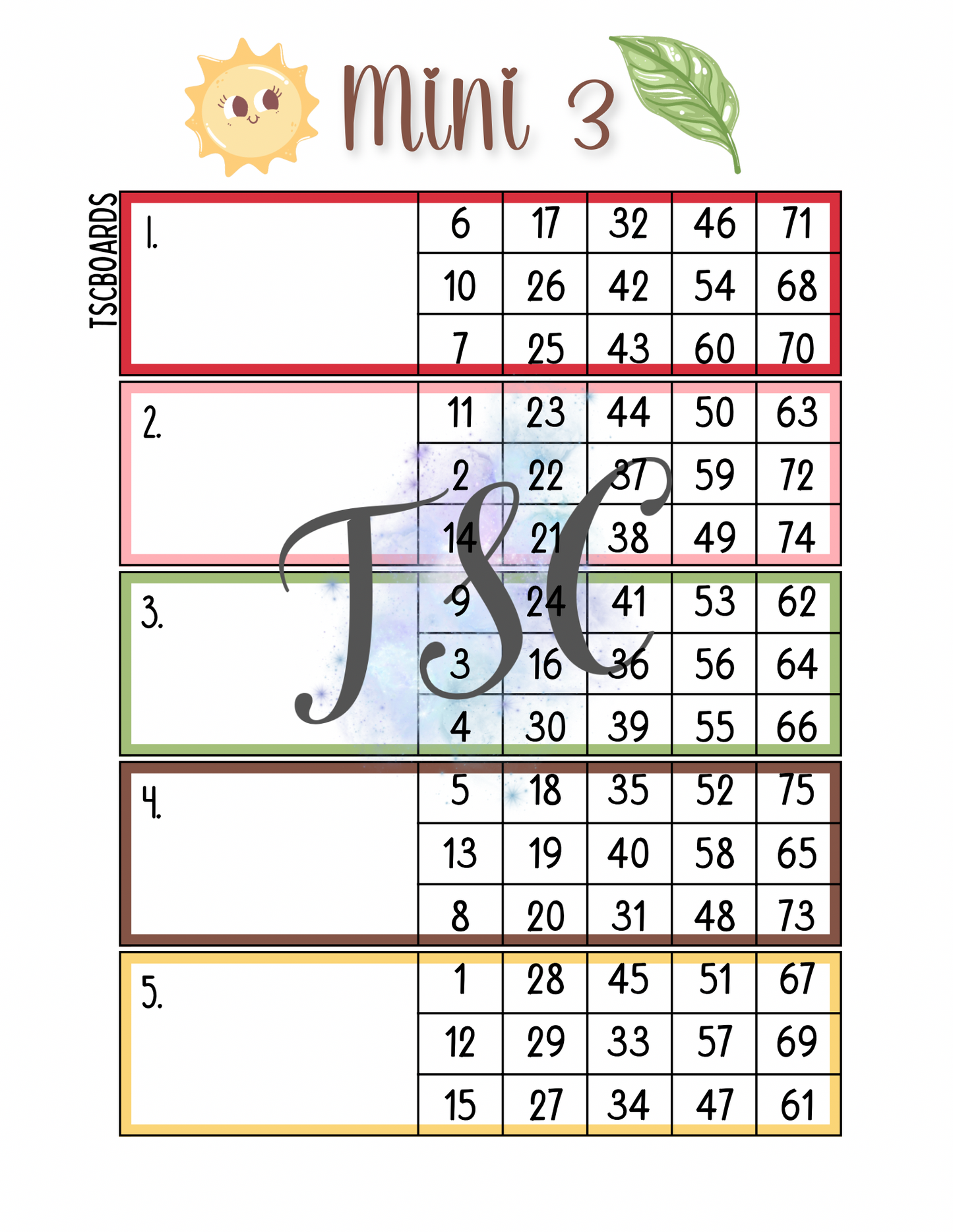 Nature Mini 3 Block Bingo Board 1-75 Ball