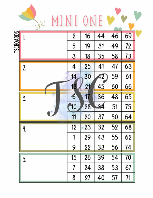 Rainbow Mini 1 Block Bingo Board 1-75 Ball