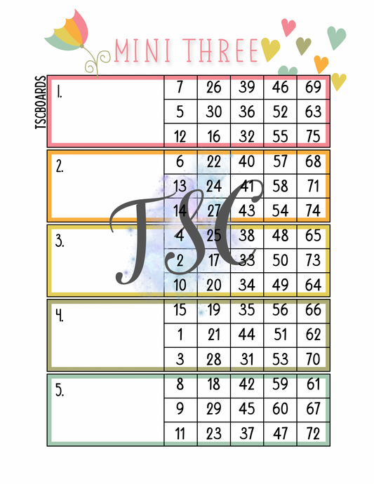 Rainbow Mini 3 Block Bingo Board 1-75 Ball