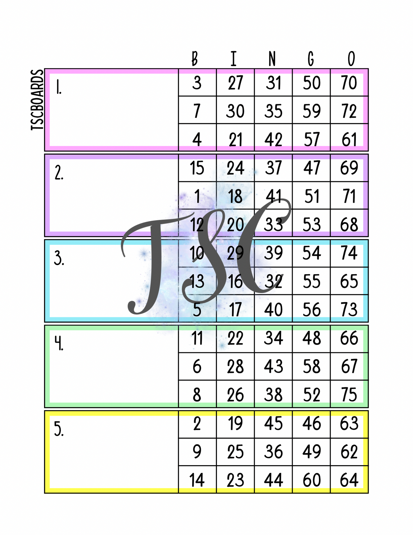 Regular Block Bingo Board 1-75 Ball