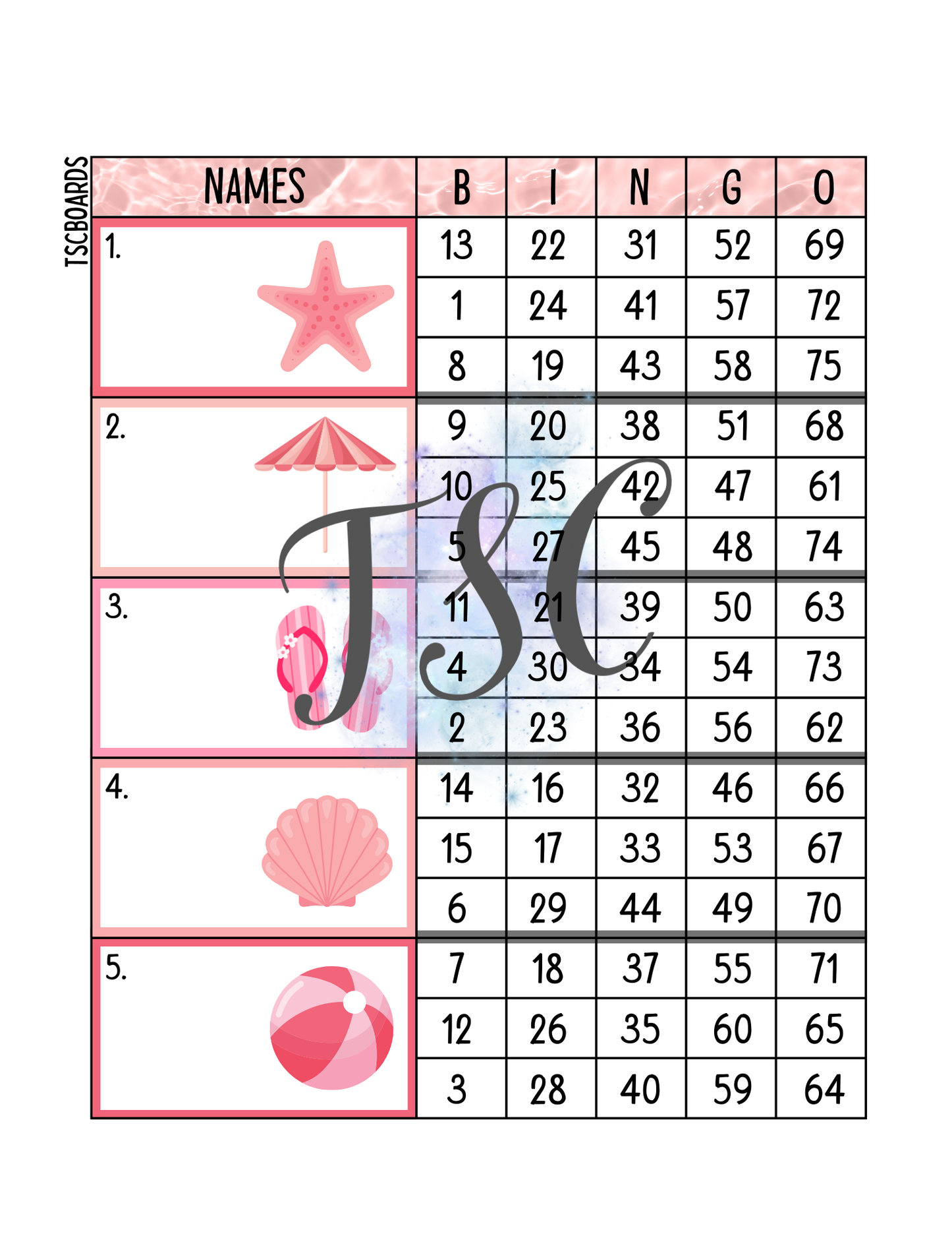 Pink Summer Block Bingo Board 1-75 Ball