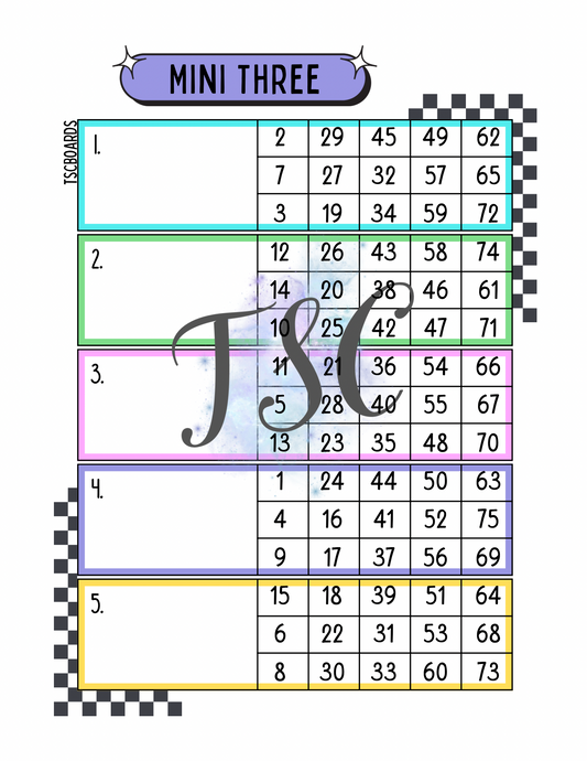 Wednesday Mini 3 Block Bingo Board 1-75 Ball