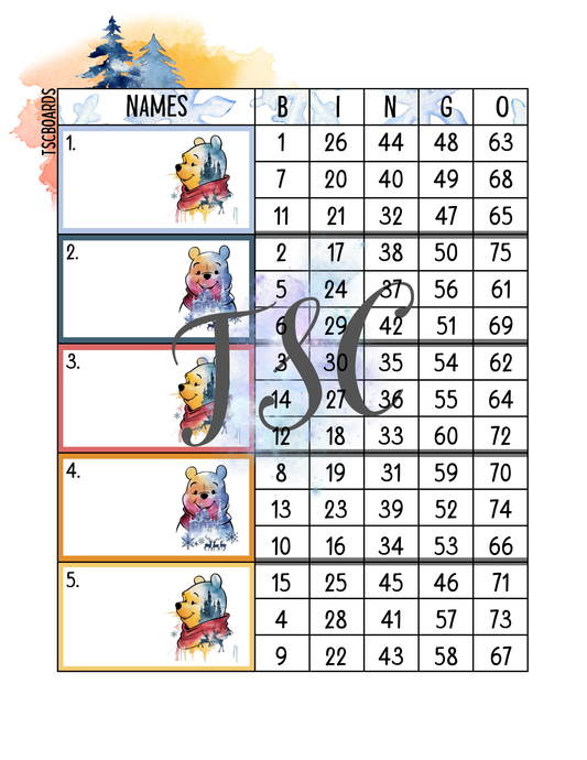 Watercolour Pooh Block Bingo Board 1-75 Ball