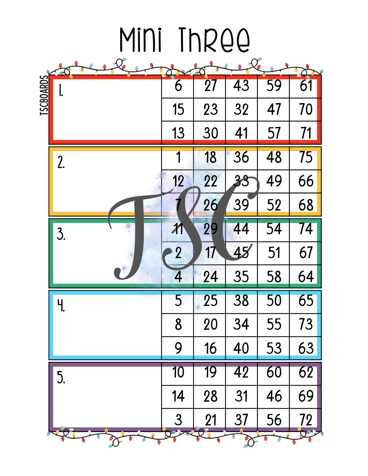 Christmas Lights Mini 3 Block Bingo Board 1-75 Ball