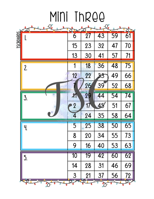 Christmas Lights Mini 3 Block Bingo Board 1-75 Ball