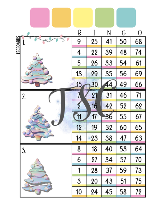 Pastel Christmas Tree Main Mega Block Bingo Board 1-75 Ball