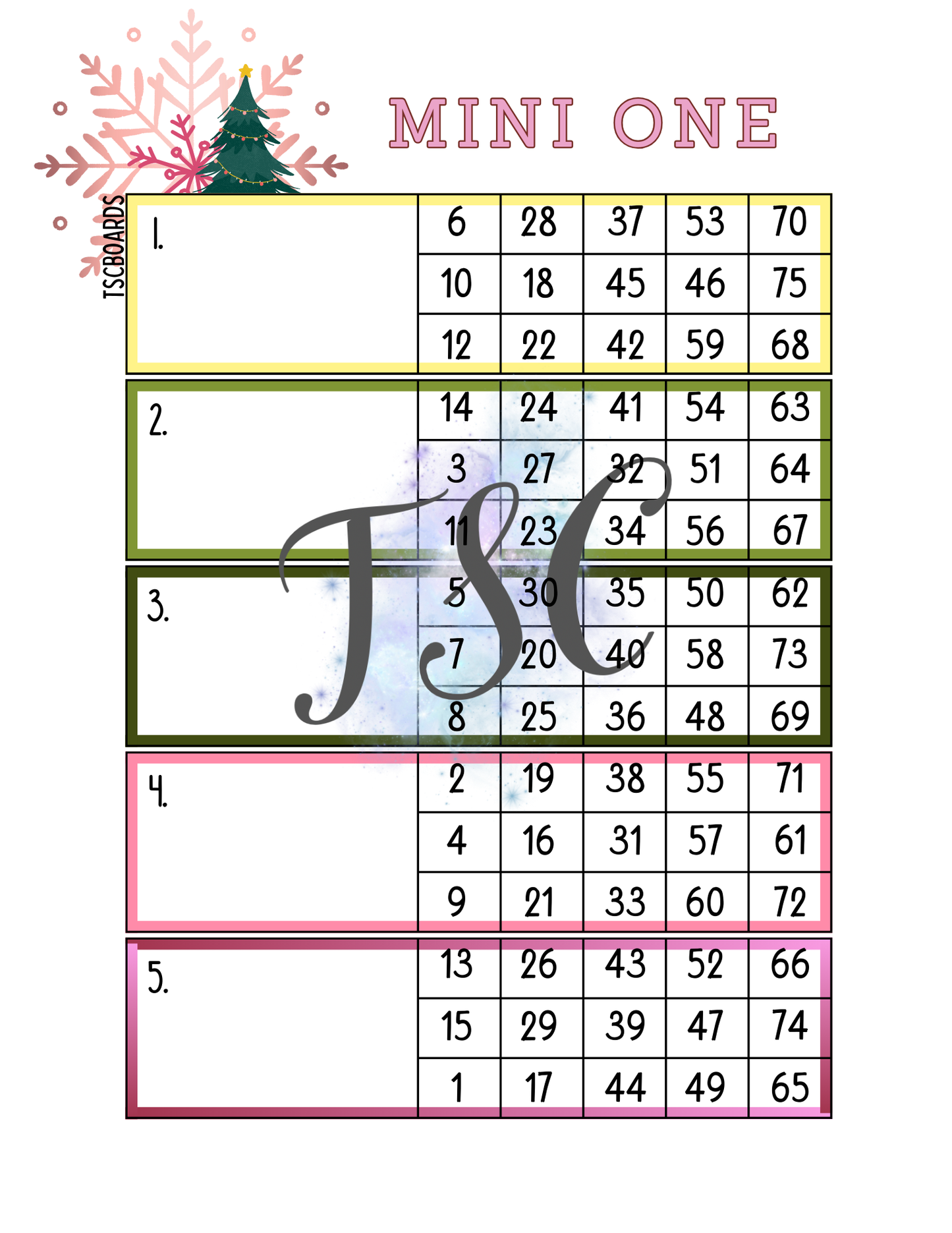 Ho Ho Ho Mini 1 Block Bingo Board 1-75 Ball