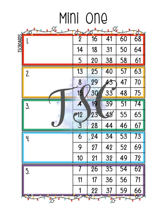 Christmas Lights Mini 1 Block Bingo Board 1-75 Ball