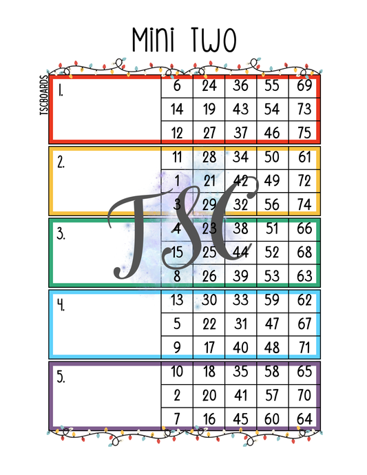 Christmas Light Mini 2 Block Bingo Board 1-75 Ball