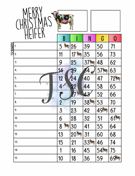 Merry Christmas Heifer Bingo Board 1-75 Ball