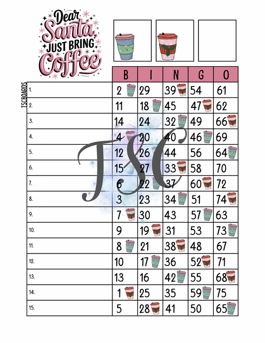 Dear Santa Just Bring My Coffee Bingo Board 1-75 Ball