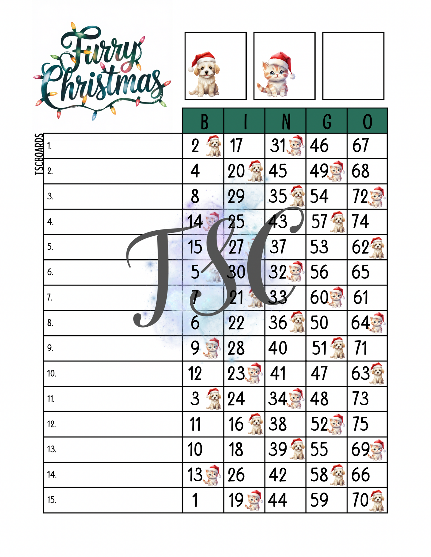 Furry Christmas Bingo Board 1-75 Ball