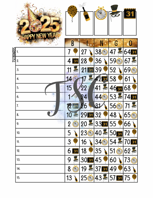 2025 Happy New Year Bingo Board 1-75 Ball