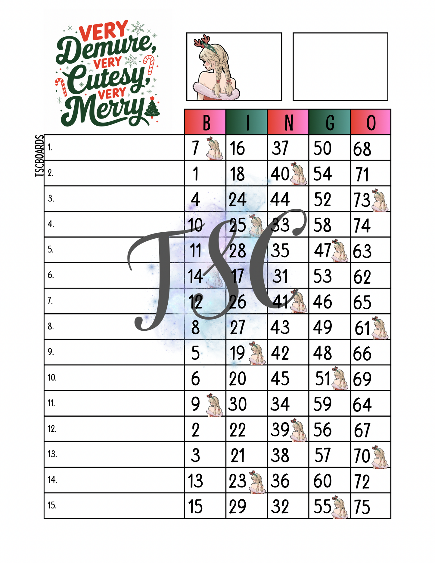 Very Demure Very Cutesy Very Merry Bingo Board 1-75 Ball