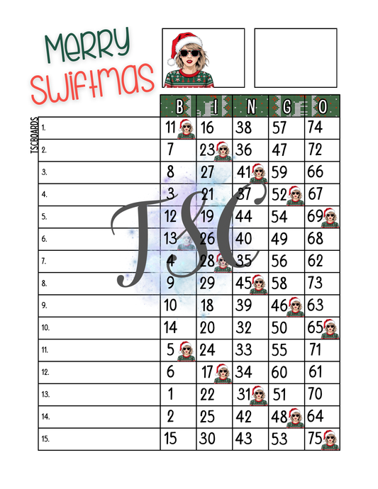 Merry Swiftmas Bingo Board 1-75 Balls