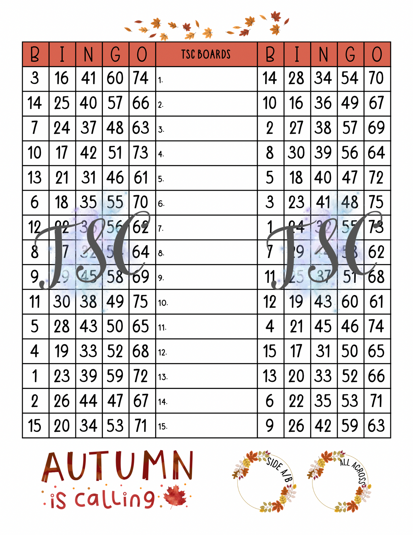 Autumn Is Calling Double Page Bingo Board 1-75 Ball