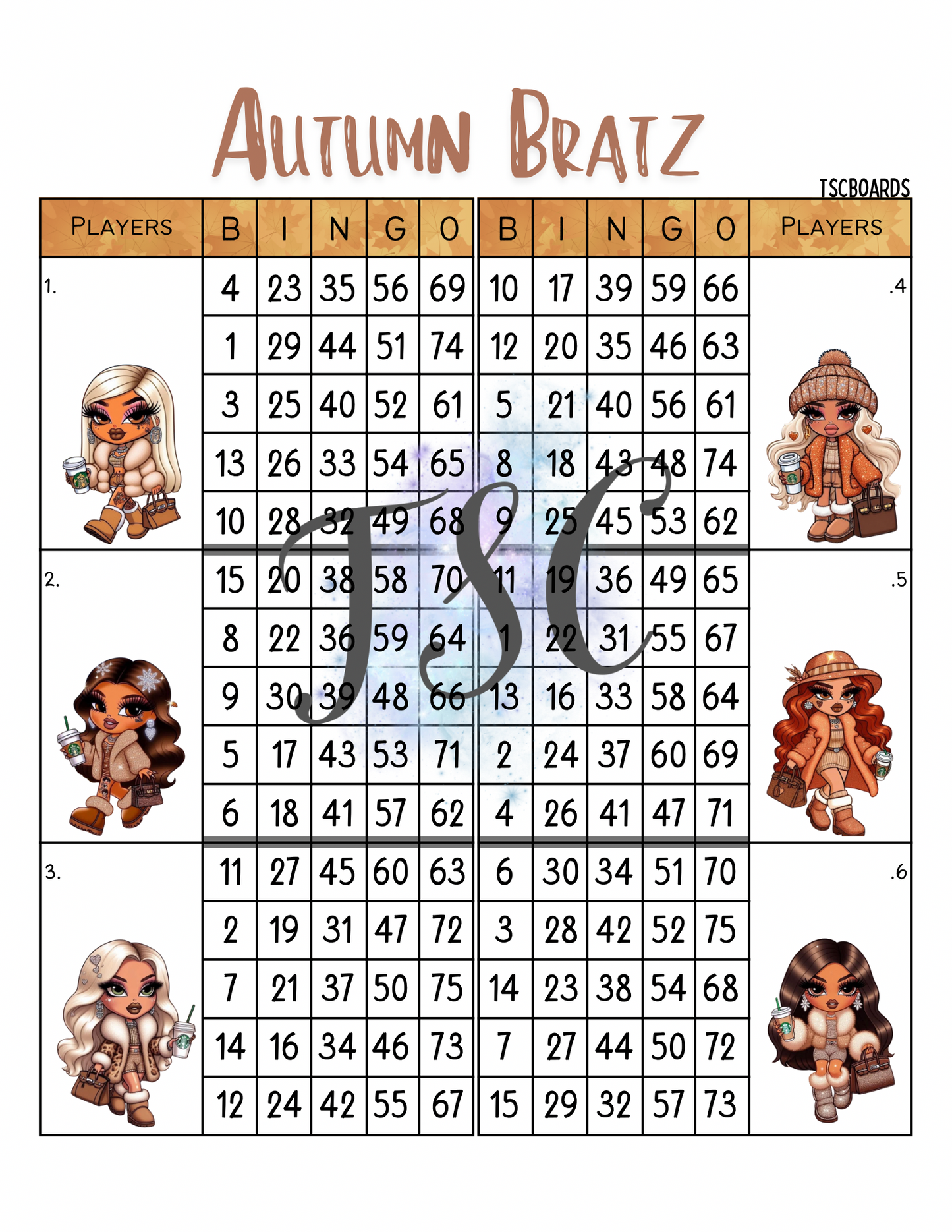 Autumn Bratz Double Block Bingo Board 1-75 Ball