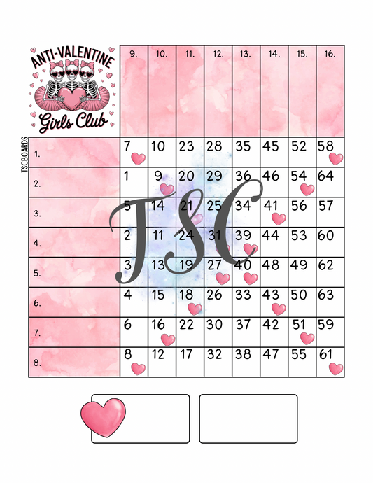 Anti-Valentine Girls Club Mini Grid Block Bingo Board 1-64 Ball