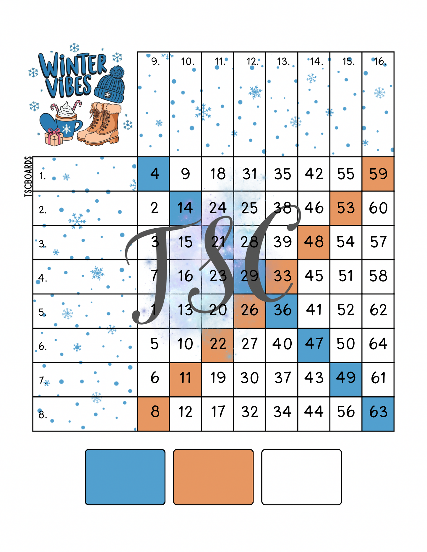 Winter Vibes Mini Grid Block Bingo Board 1-64 Ball