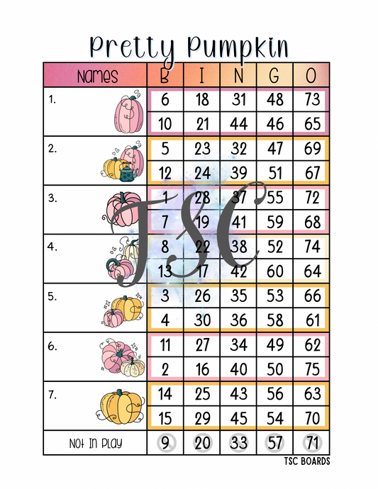 Pretty Pumpkin Mini Block Bingo Board 1-75 Ball