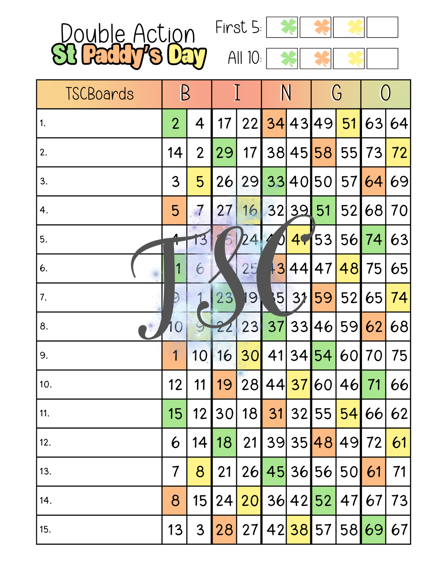 Double Action St Paddy’s Day Bingo Board 1-75 Ball