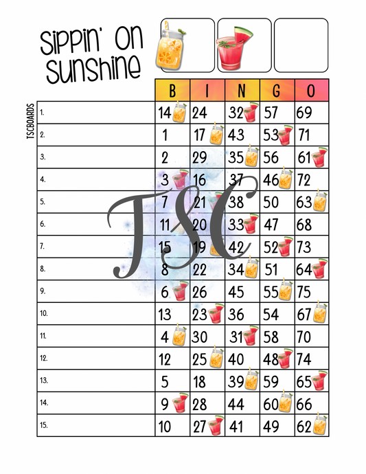 Sippin’ On Sunshine Bingo Board 1-75 Ball