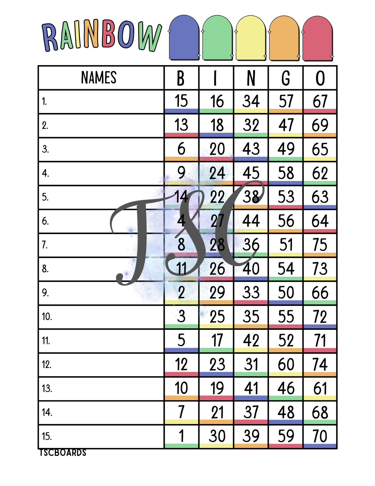 Rainbow Bingo Board 1-75 Ball