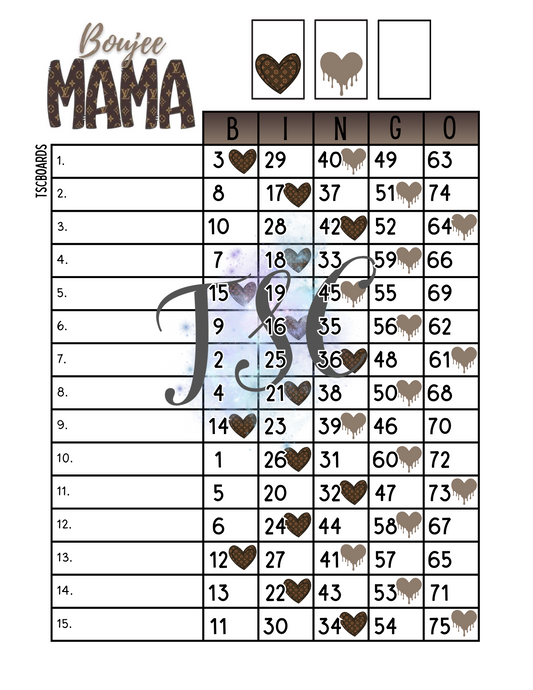 Boujee Mama Bingo Board 1-75 Ball 15 Lines