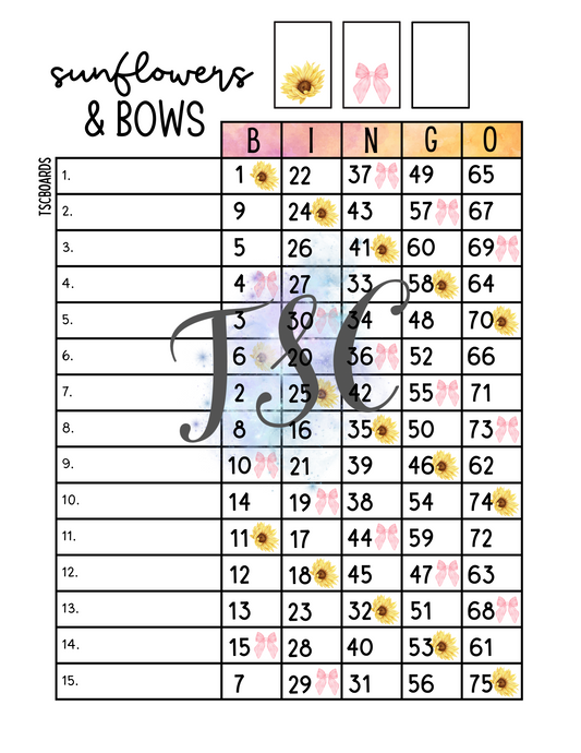 Sunflowers & Bows Bingo Board 1-75 Ball 15 Line