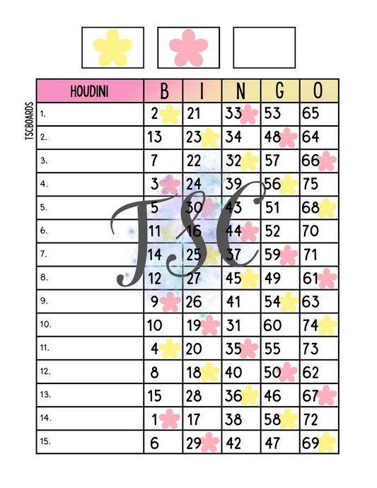 Flower Houdini Bingo Board 1-75 Ball 15 Lines