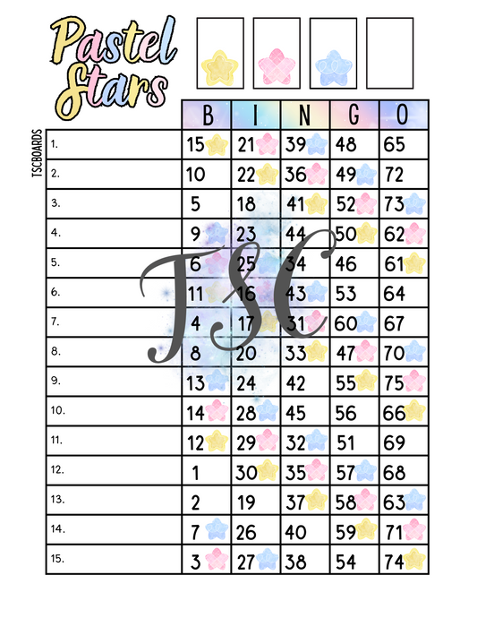 Pastel Stars Bingo Board 1-75 Ball 15 Lines