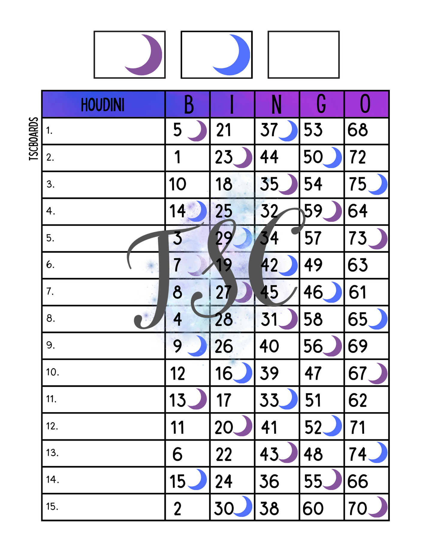 Crescent Moon Houdini Bingo Board 1-75 Ball 15 Lines