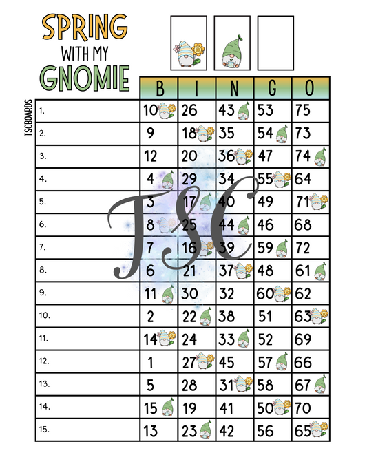 Spring With Gnomie Bingo Board 1-75 Ball 15 Lines