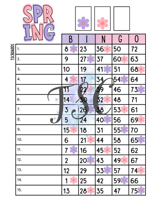 Spring Flowers Bingo Board 1-75 Ball 15 Lines