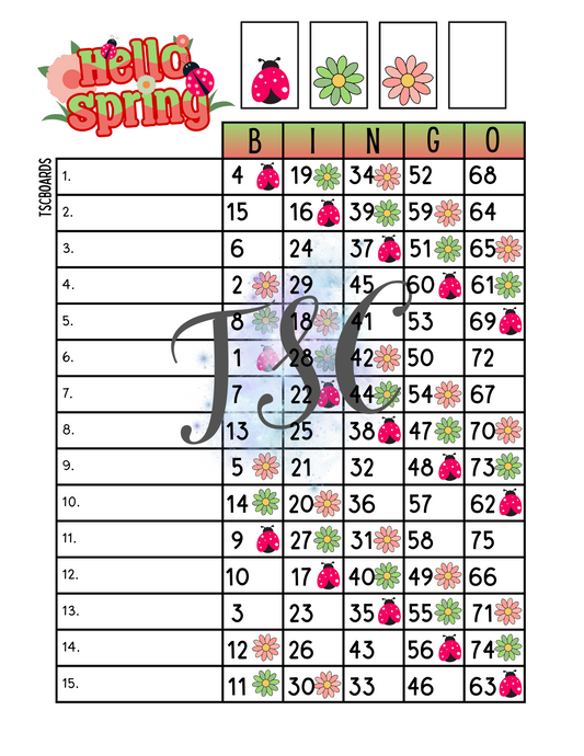 Hello Spring Bingo Board 1-75 Ball 15 Lines