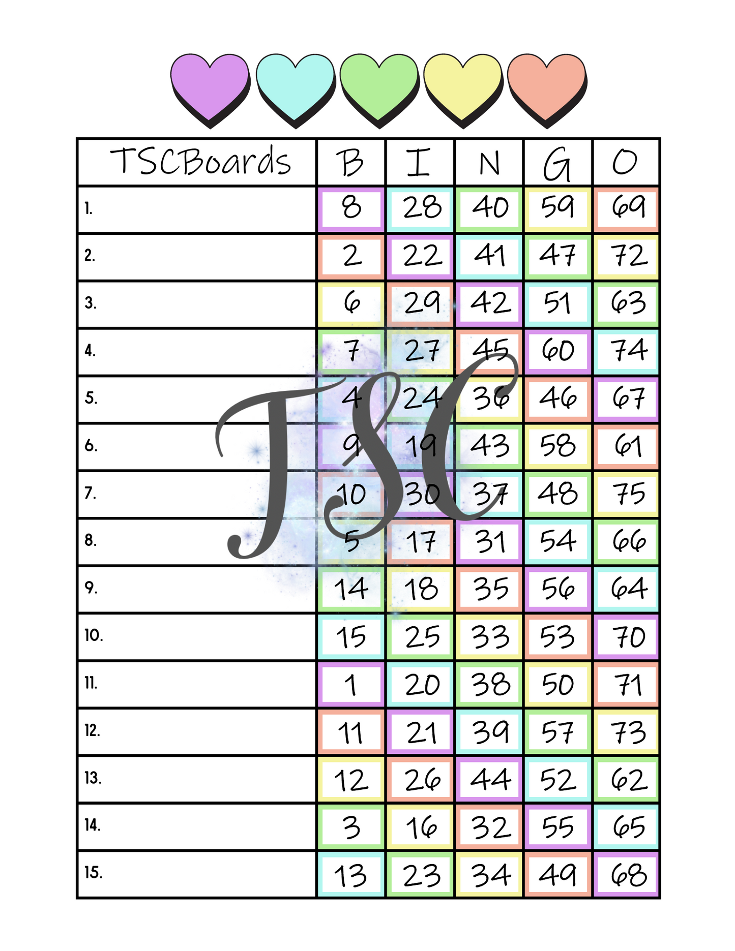 Rainbow Bingo Board 1-75 Ball 1-15 Line