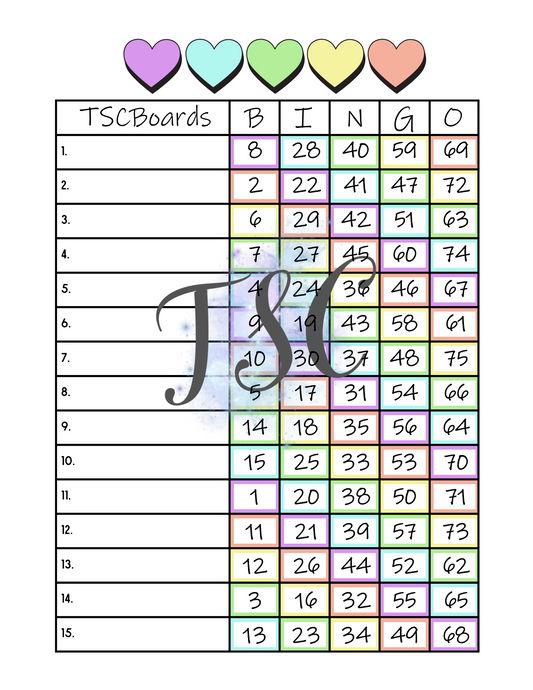 Rainbow Bingo Board 1-75 Ball 1-15 Line