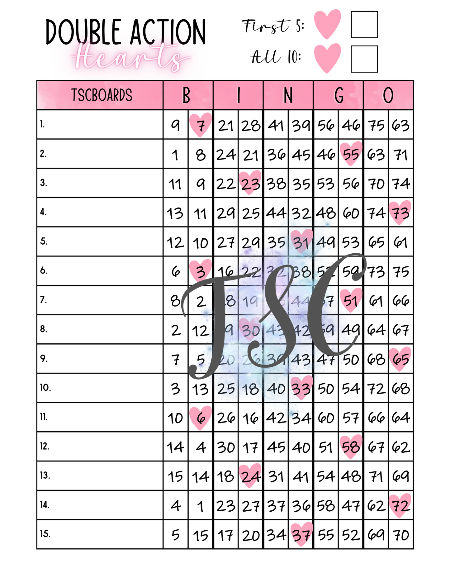 Double Action Hearts Bingo Board 1-75 Ball