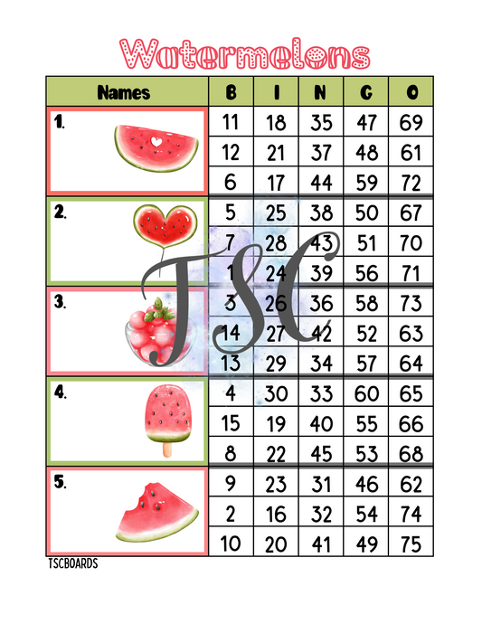 Watermelons Block Bingo Board 1-75 Ball
