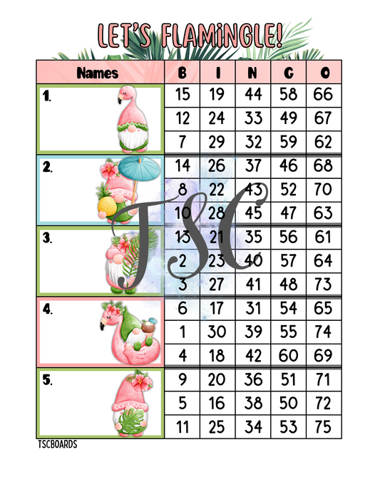 Let’s Flamingle Block Bingo Board 1-75 Ball