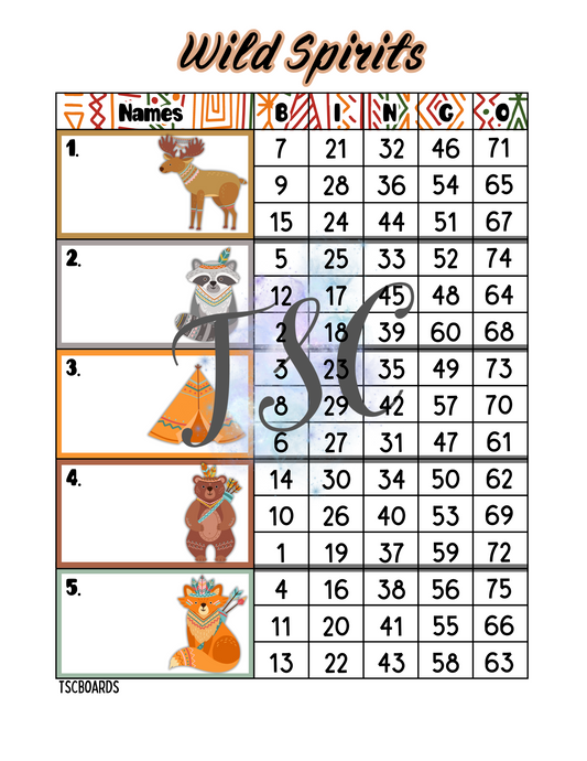 Wild Spirits Block Bingo Board 1-75 Ball