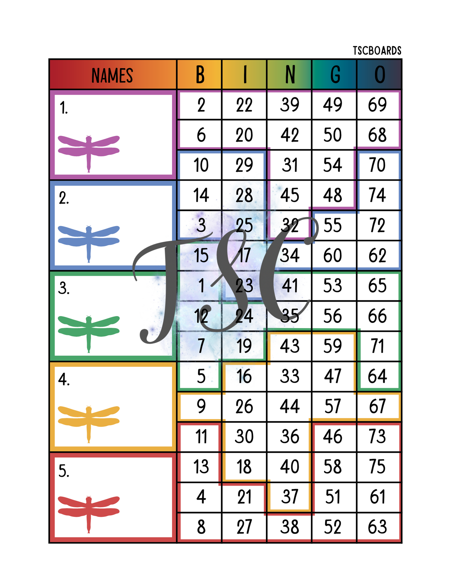 Dragonfly Tetris Block Bingo Board 1-75 Ball