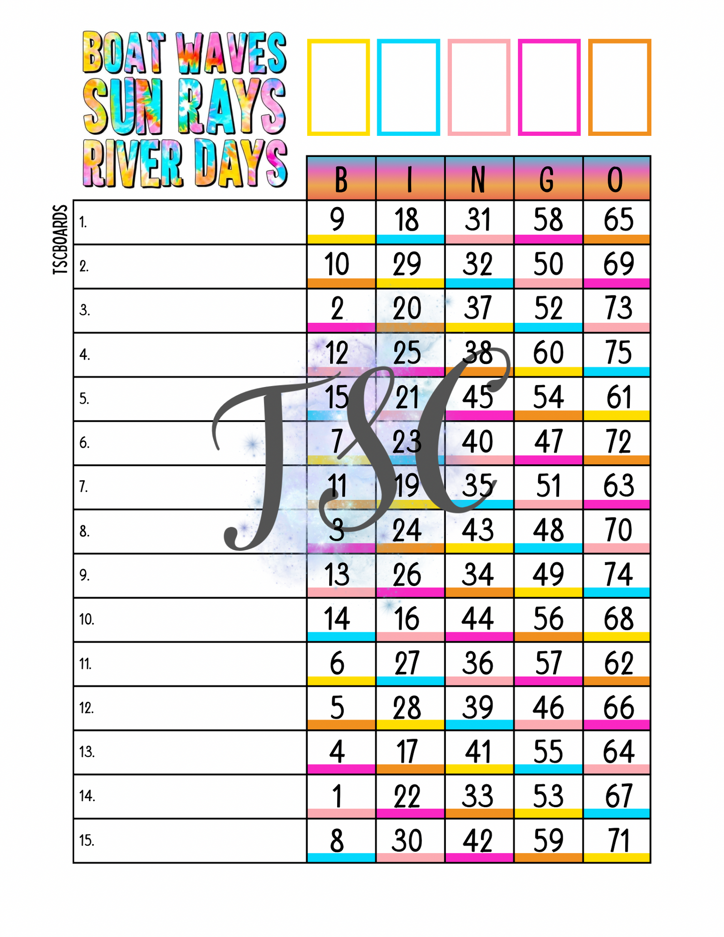 Boat Waves, Sun Rays, River Days Bingo Board 1-75 Ball