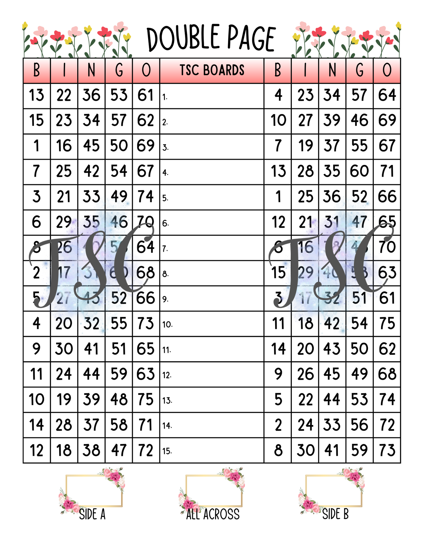 Double Page Flowers Bingo Board 1-75 Ball