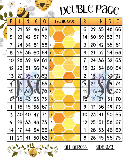 Honey Bee Double Page Bingo Board 1-75 Ball