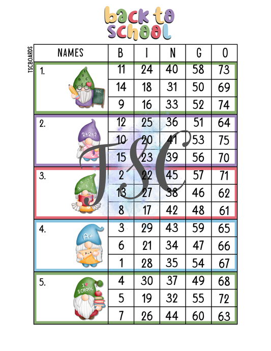 Back To School Gnomes Block Bingo Board 1-75 Ball